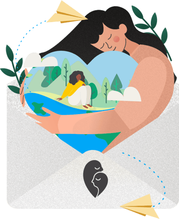 Illustration of lady hugging a heart shaped world with a young girl inside positioned inside a letter representing an email from Healios